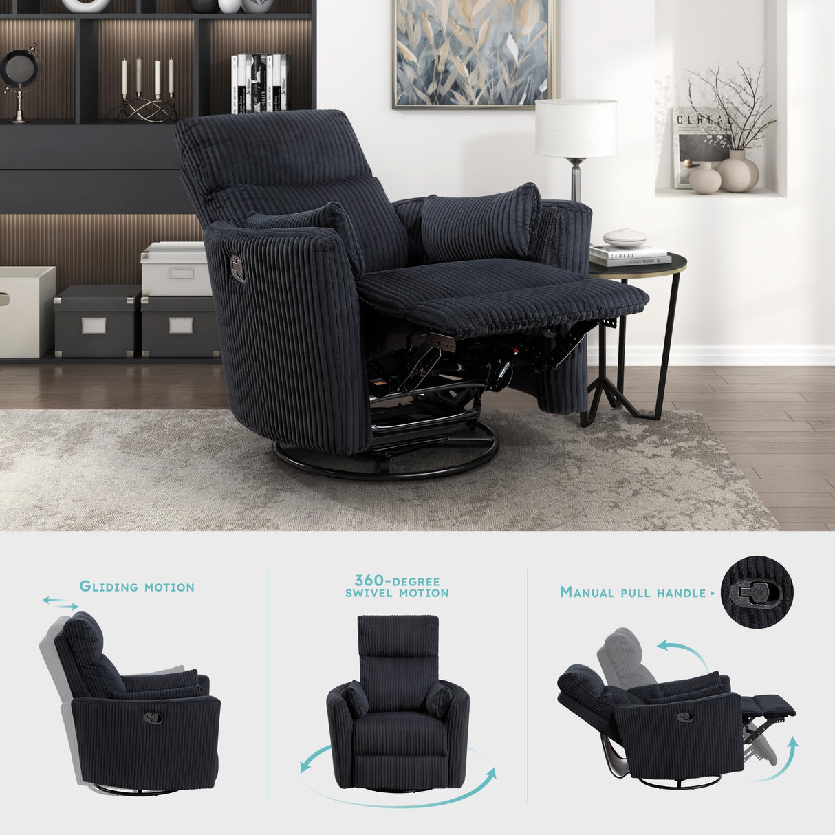 Lexicon Modern Swivel Glider Recliner Chair, Nursery Glider, Corduroy Fabric Upholstery Recliner with 2 Lumbar Pillows, Manual Reclining Sofa Chair for Living Room/Office/Apartment, Black Lexicon