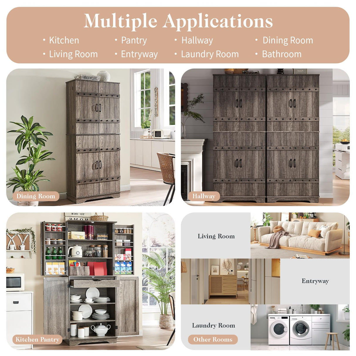LUXOAK 72" Tall Farmhouse Kitchen Pantry with Rivet Barn Doors, Rustic Wood Cupboard Storage Cabinet/w Drawer & Adjustable Shelves for Dining Living Room, Bathroom & Hallway, Rustic Gray LUXOAK