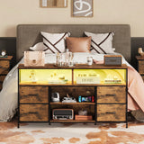 WLIVE TV Stand Dresser for 50,55,60 inch TV, Entertainment Center with LED Lights & Fabric Drawers, Dresser TV Stand for Bedroom and Living Room with Open Shelves, Rustic Brown WLIVE