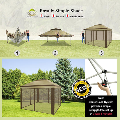 CROWN SHADES 11x11 Pop Up Gazebo, Patented One Push Outoor Canopy Tent with Wheeled STO-N-Go Cover Bag, Pop Up Canopy with Netting for Patio, Backyard (11x11, Beige & Coffee)