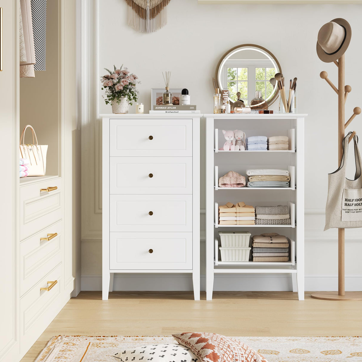 TTVIEW 4 Drawer Dresser, White Dresser Antique Chest of Drawers with Solid Frame, Tall Wood Storage Chest Cabinet for Living Room, Bathroom, Entryway, White TTVIEW