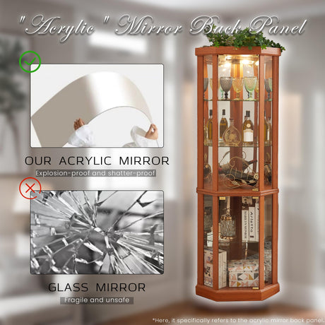 CKEASEAN Corner Curio Cabinet, 70" H Lighted Glass Display Cage with Tempered Glass Doors and 5 Adjustable Shelves, Light Bulb Inclued, Wine Bar China Cabinet for Living Room (Dark Oak) CKEASEAN