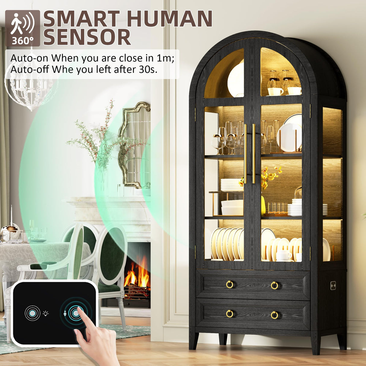 Vlsrka 71" Arched Display Cabinet with Glass Doors, 4-Tier Curio Cabinet with 3 Color Lights for Collectibles, Glass Display Case with Human Body Sensor, Display Shelf with 2 Drawers, Black Vlsrka