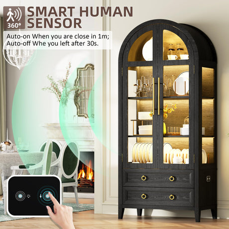 Vlsrka 71" Arched Display Cabinet with Glass Doors, 4-Tier Curio Cabinet with 3 Color Lights for Collectibles, Glass Display Case with Human Body Sensor, Display Shelf with 2 Drawers, Black Vlsrka