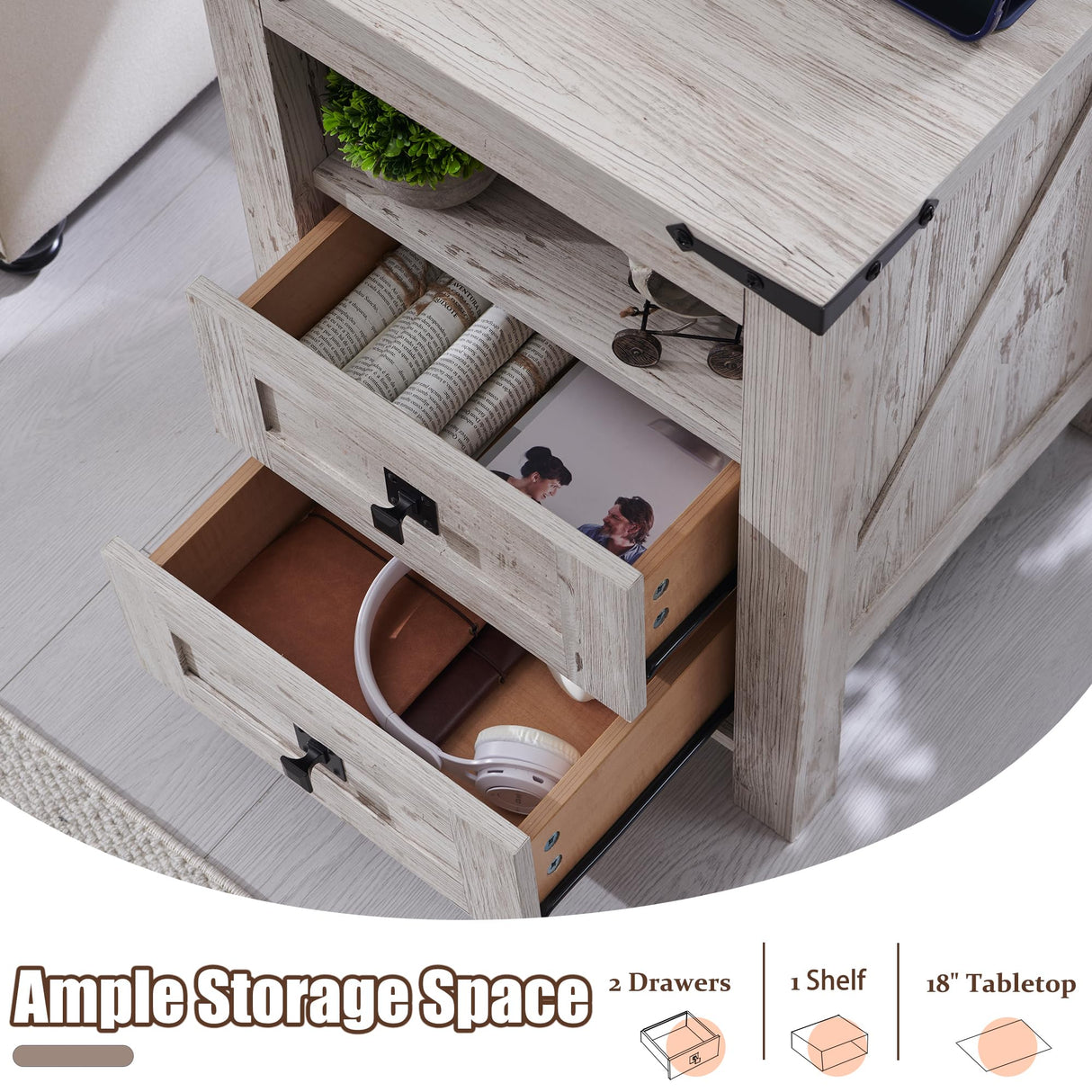 T4TREAM Nightstand wtih Charging Station, End Table, Side Table with 2 Drawers Storage Cabinet for Bedroom, Living Room, Farmhouse Design, Wood Rustic, Antique Brush White T4TREAM