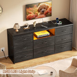OURPIC 55'' Dresser for Bedroom with 8 Fabric Drawers, Wide Chest of Drawers with LED Lights & Charging Station, Long Wood Dresser TV Stand for Living Room, Hallway,Closet OURPIC