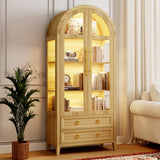 LVSOMT 71" Tall Arched Storage Cabinet with Glass Doors and Drawers, Curio Display Cabinet with Adjustable LED Light & Human Sensor, 4-Tier China Cabinet for Living Room(Wood) LVSOMT
