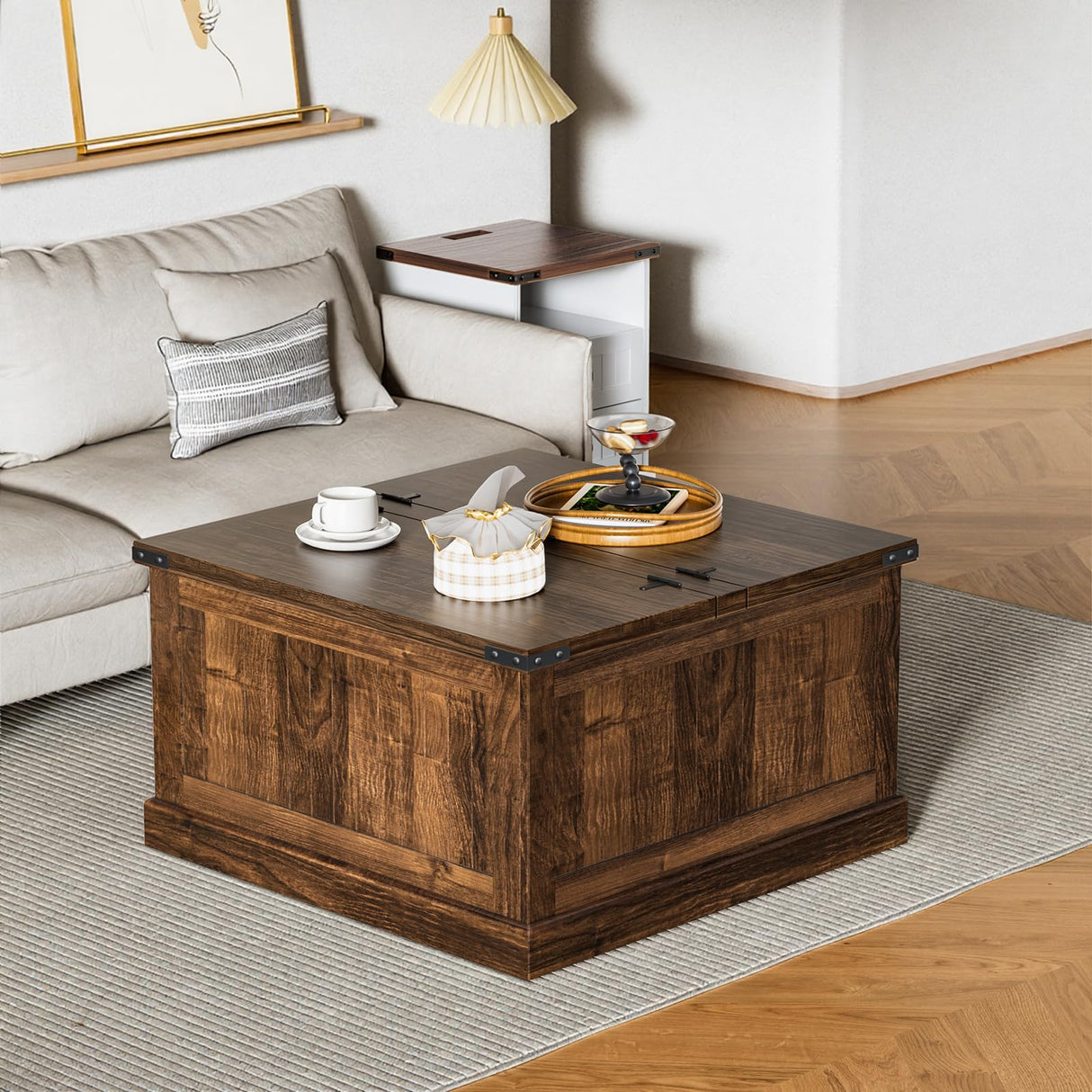 AntsandAnts Farmhouse Coffee Table with Storage, Square Wood Coffee Tables for Living Room, Large Center Table with Flip-Top Lid, 31.5 Inch (Rustic Brown) AntsandAnts