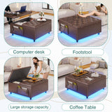 busyaeh Storage Ottoman Coffee Table,Square Ottoman Bench with Charging Station and LED Lights,Velvet Buttons Large Ottoman with Storage with Lift Top&Solid Wood Legs for Living Room Bedroom (Brown) busyaeh