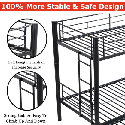 ZMIZAKOY Heavy Duty Metal Twin Over Twin Bunk Bed with Trundle & Sturdy Guard Rail & 2 Side Ladders (Black)