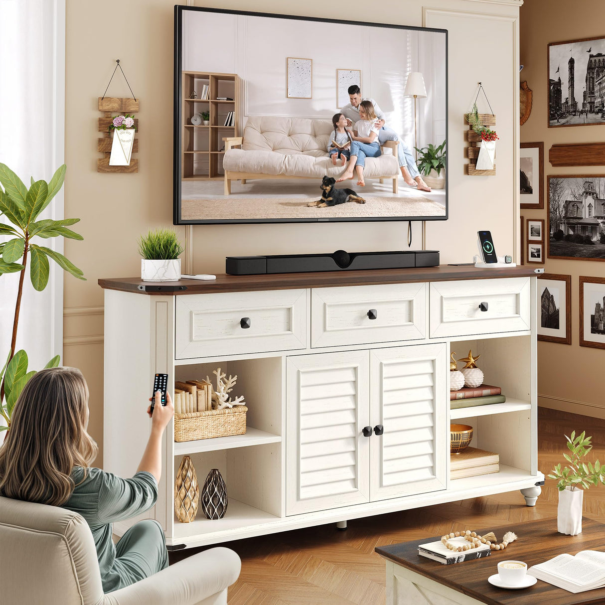 DWVO Farmhouse TV Stand for 65 Inch TV, 31.5" Tall Entertainment Center w/3 Drawers & Shutter Doors, Rustic Media Console Cabinet w/Storage Shelves, Wood Television Stand for Living Room, Rustic White DWVO