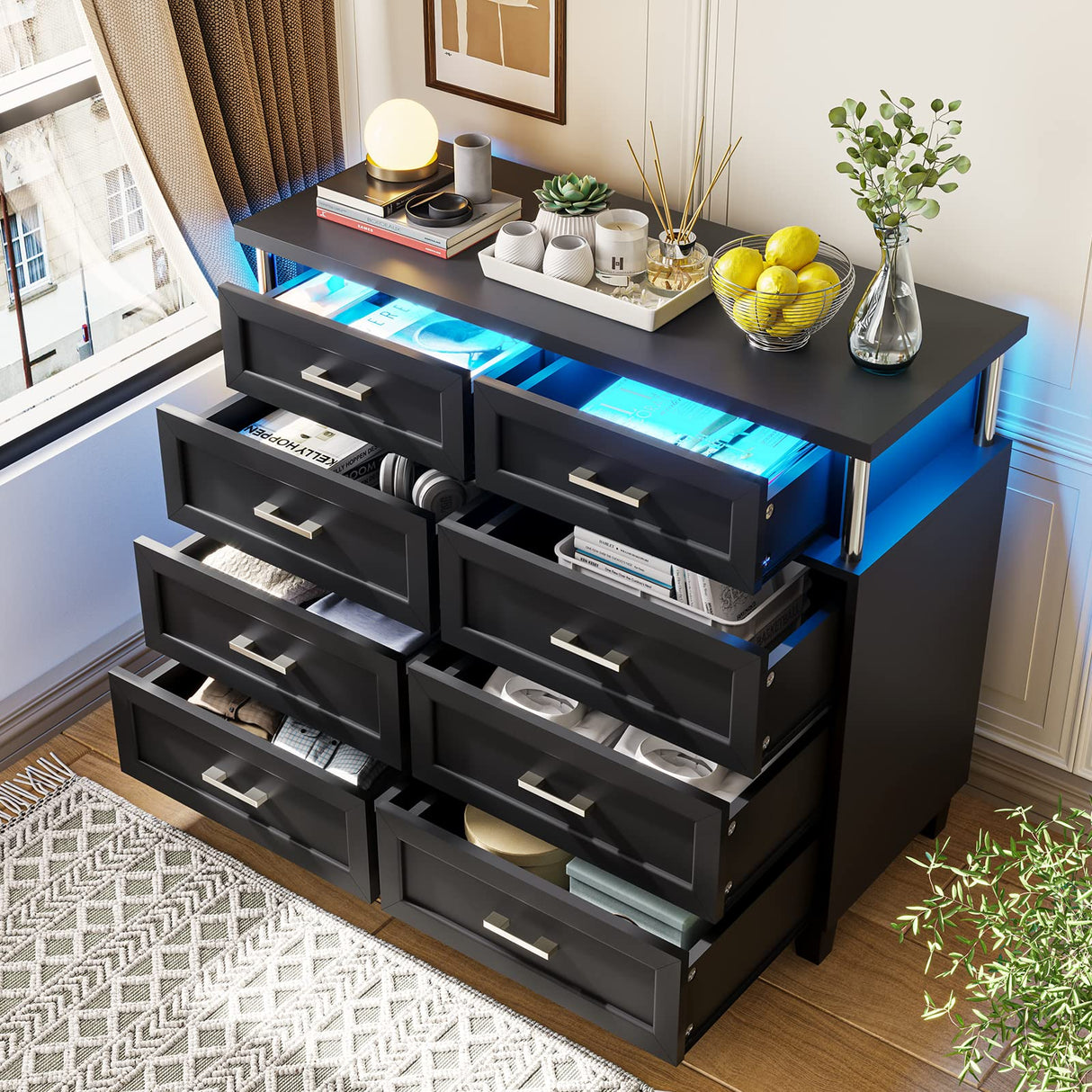 VIAGDO Dresser for Bedroom with 8 Drawers, Chest of Drawers with LED Light, Tall Wide Dresser for Storage and Organization, Black Dresser for Bedroom, Living Room, Closet VIAGDO