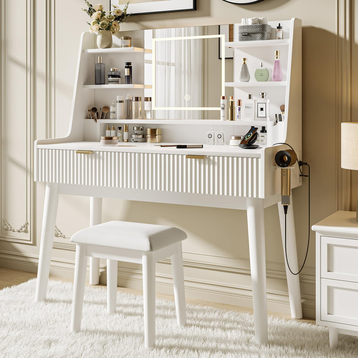 Einhomn Vanity Desk with Mirror & LED Lights, Fluted Makeup Table Set with Power Outlet & Hair Dryer Rack, Modern Dressing Table with Drawers & Adjustable Shelves, Cushioned Stool for Bedroom, White Einhomn
