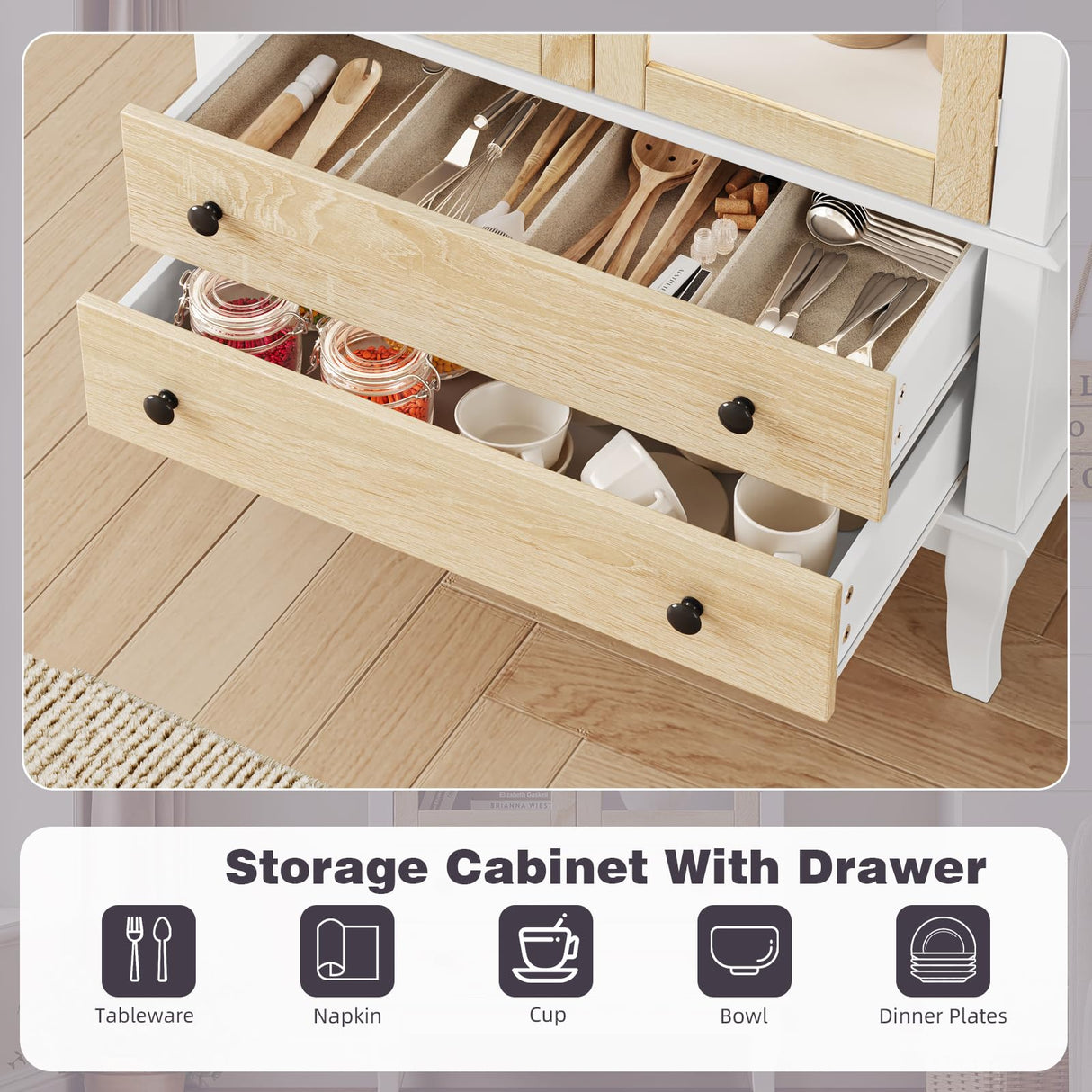 71" Tall Arched Kitchen Pantry, Modern Farmhouse Wood Kitchens Storage Cabinets with 2 Large Drawers and Adjustable Shelves, Arched Display Cabinet with Glass Doors for Dining Room, Bathroom LIVAUVEAD