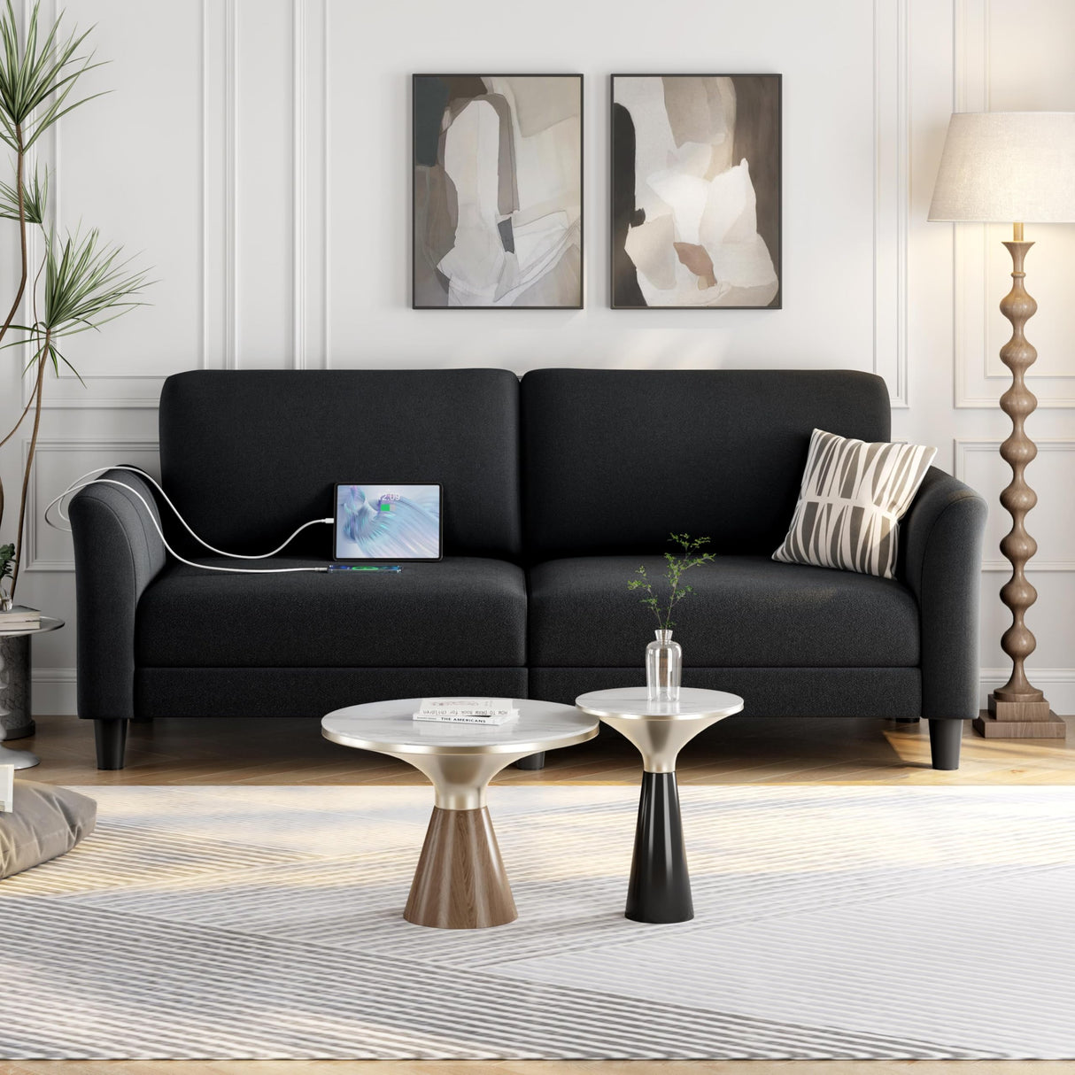 Yaheetech 67" W Fabric Sofa Couch 2 Seater Loveseat Sofa with USB Charging Ports Upholstered Sofa Living Room Office Bedroom, Black Yaheetech