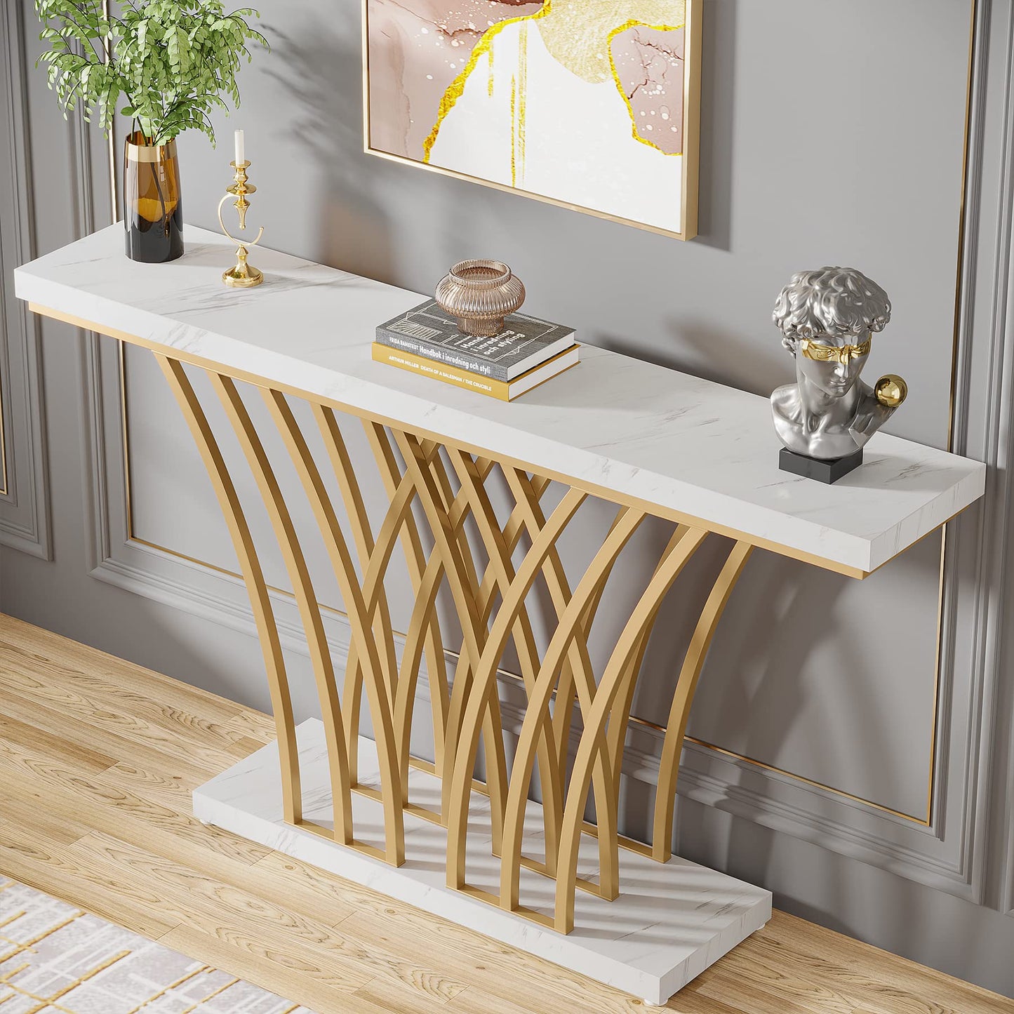 Tribesigns 59 inch Gold Console Table, Modern Entryway Table with Grid-Shaped Metal Base for Entrance, Hallway, Entryway, Living Room(White Faux Marble & Gold) - WoodArtSupply