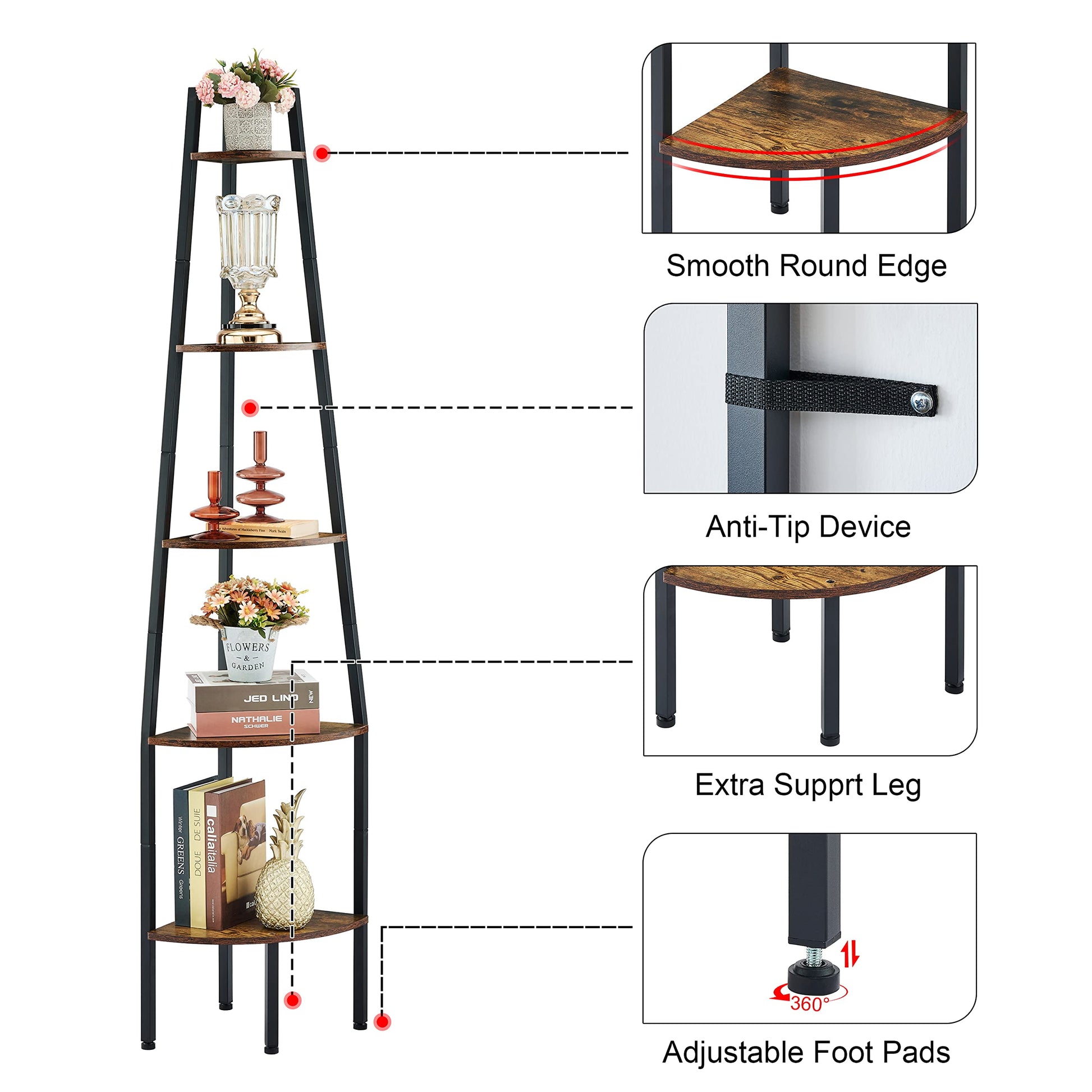 Hoctieon 5-Tier Industrial Corner Shelf - Rustic Brown Ladder Bookcase for Small Spaces - WoodArtSupply