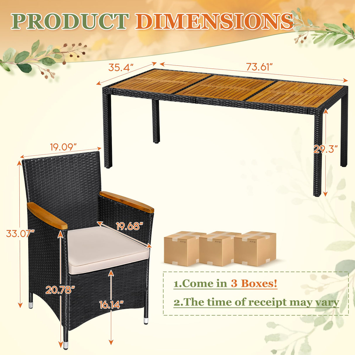 Greesum 9 Pieces Outdoor Patio Dining Set, Conversation Sets with 1 Table and 8 Rattan Chairs with Curved Acacia Wooden Armrests and Cushions, Black Greesum