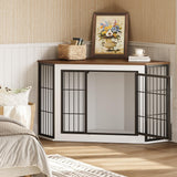 HOOBRO Corner Dog Crate Furniture, Decorative Dog Kennel End Table, Farmhouse Dog Crate TV Stand for Small and Medium Dogs, Walnut, White and Black BWH90GW03 HOOBRO
