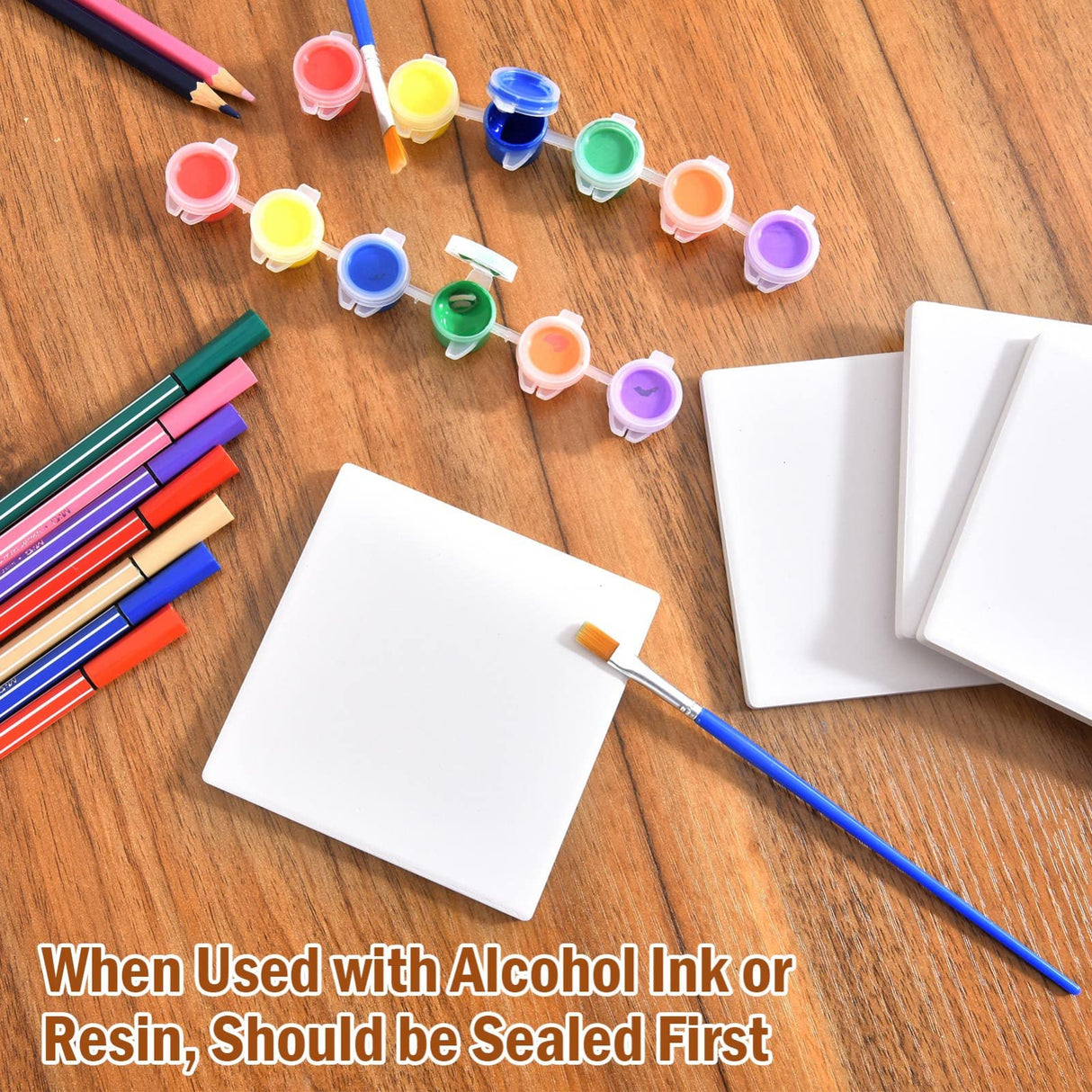 COYMOS 24 Pcs Ceramic Tiles for Crafts Ceramic Coasters for Crafts Blank White Unglazed Ceramic Tile for Painting, Alcohol Ink, Acrylic Pouring - DIY Coaster - Cork Backing Pads Included (4x4 inch) COYMOS