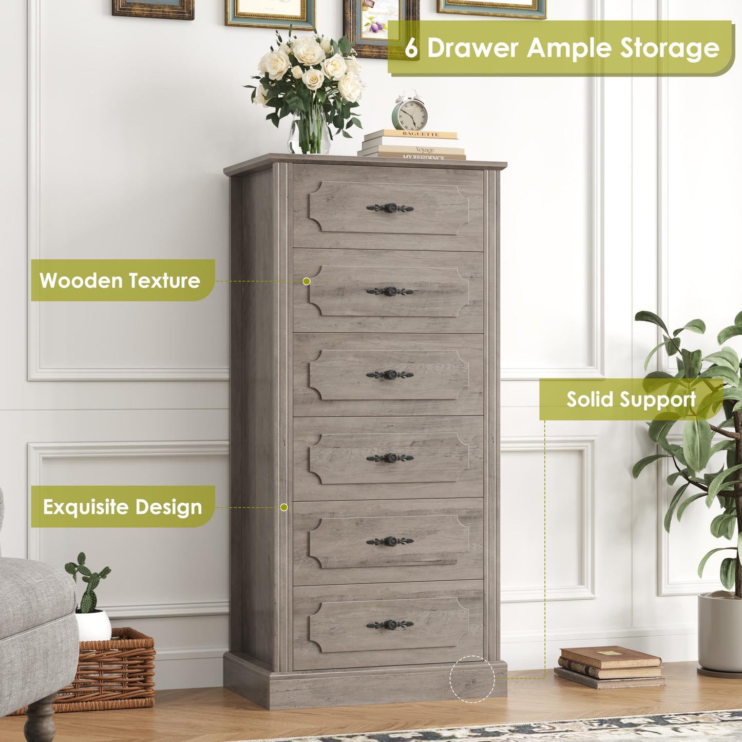 finetones 6 Drawer Grey Dresser, 51" Tall Dresser Wood Dresser Chest of Drawers with Large Storage Space, 6 Drawer Dresser Tall Floor Storage Cabinet for Home Office, Ash Grey - WoodArtSupply