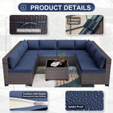 Kurapika 9 Pieces Patio Furniture Set, Rattan Wicker Outdoor Conversation Sets w/4 Inch Cushion and Glass Coffee Table(Navy Blue) Kurapika
