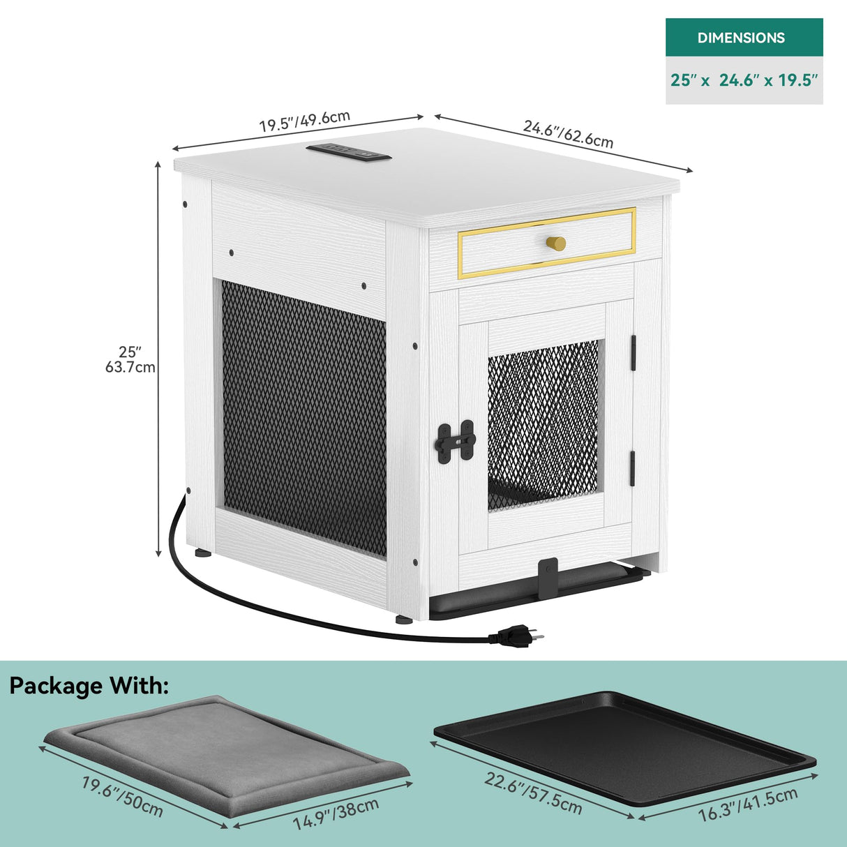 DWVO Dog Kennel Furniture with Dual USB Charger, Dog Crate End Table with Tray, Wooden Dog Crate Furniture with Cushion for Small Dogs, White DWVO