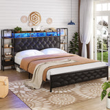 Hasuit King Size Farmhouse Bed Frame with LED Lights, Charging Station, and Bookcase Headboard Hasuit