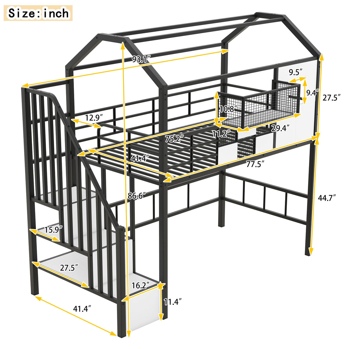 Bellemave Twin Loft Bed with Storage Stairs, Roof, Window and Guardrail, House Loft Bed Twin Size/Metal Loft Bed with Storage Box, Twin Loft Bed for Kids, Girls Boys, Twin Size House Loft Bed Black Bellemave