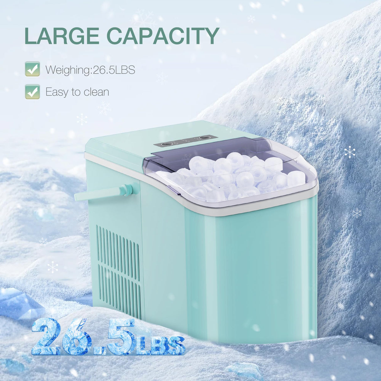 SMUG Countertop Ice Maker, 9 Cubes in 6 Mins, 26lbs in 24Hrs, 2 Sizes of Bullet Ice, Auto-Cleaning, Portable Ice Machine with Handle, Basket and Scoop for Home Kitchen, Party and Camping (Green) SMUG