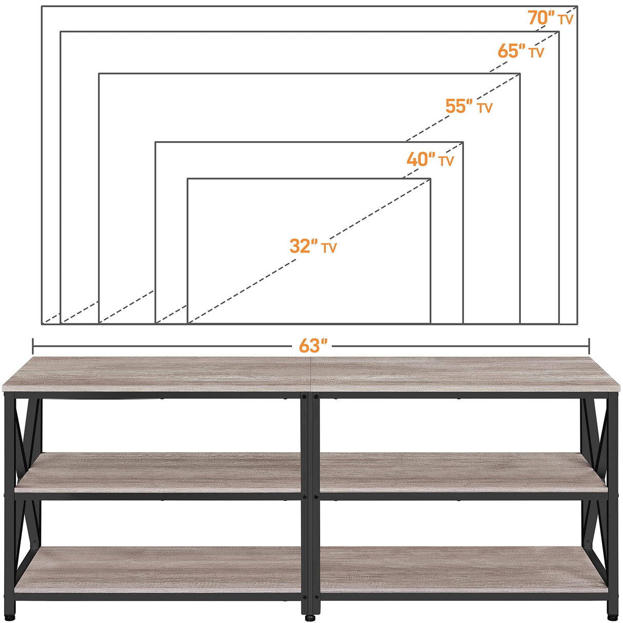 Yaheetech TV Stand for 70 Inch TVs, Industrial Media Entertainment Center with 3-Tier Storage Shelves, 63" TV Console with Metal Frame for Living Room, Gray Yaheetech