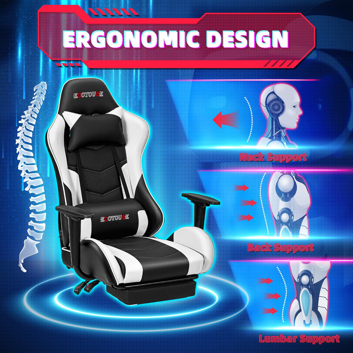 ECOTOUGE PC Massage Gaming Chair with Footrest Ergonomic Office Desk Chair Racing PU Leather Recliner Swivel Rocker with Headrest and Lumbar Pillow,White ECOTOUGE