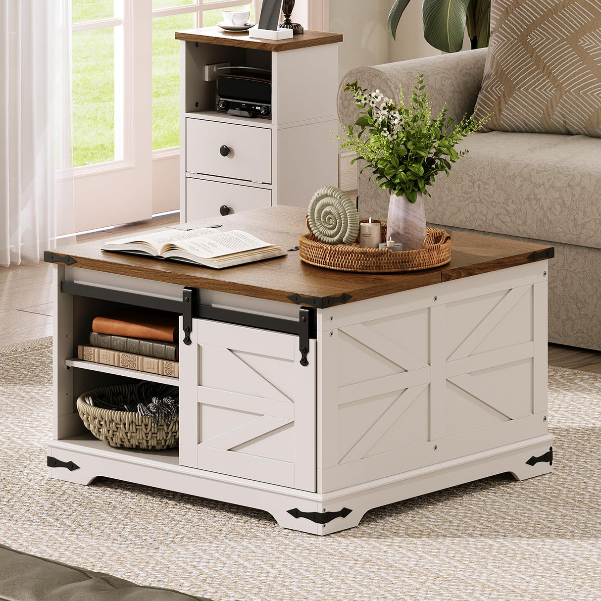 HOOBRO Farmhouse Coffee Table, Large Square Coffee Table for Living Room, Lift Top Coffee Table Square, Wooden White Coffee Table with Barn Door, Hidden Space, White and Walnut WH80KF01 HOOBRO