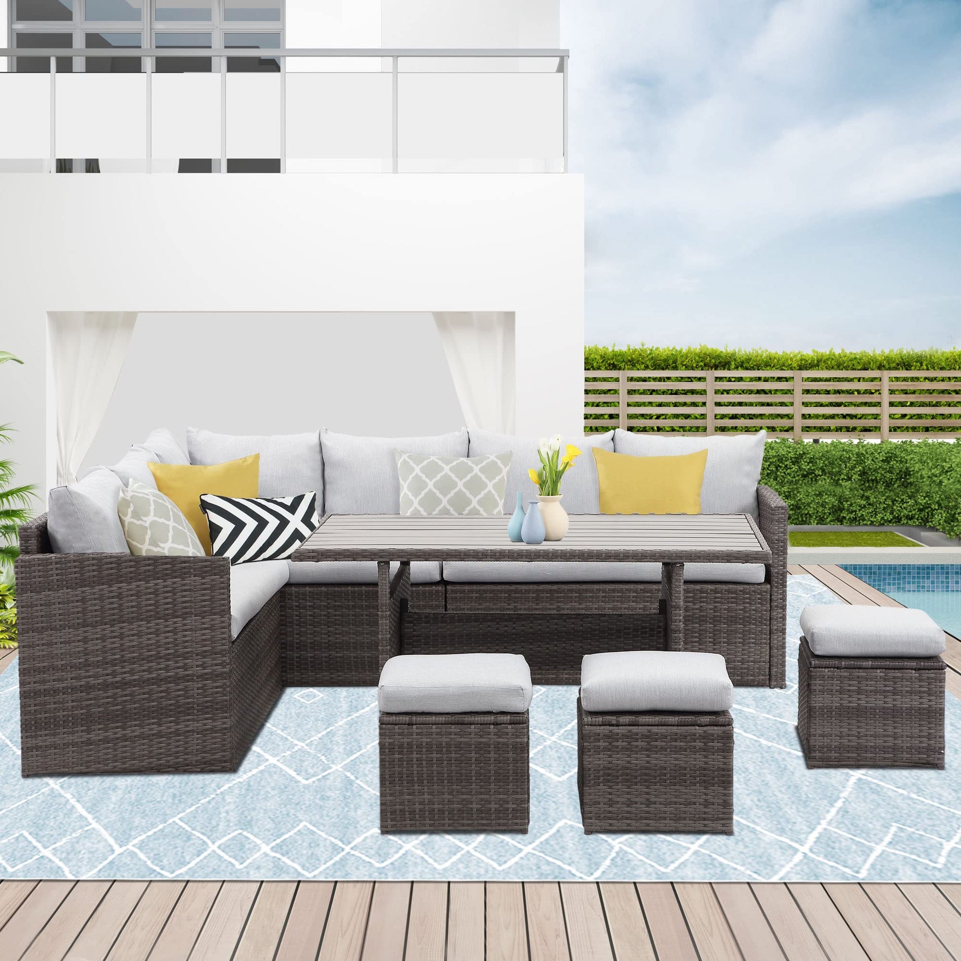 Wisteria Lane Outdoor Patio Furniture Set, 7 Piece Wicker Rattan Outdoor Dining Set with Dining Table and Ottomans, Patio Table and Chairs Set, Outdoor Sectional, Grey - WoodArtSupply