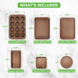 NutriChef 6-Piece Nonstick Bakeware Set, Carbon Steel Baking Pans, Includes Cookie Trays, Wide & Square Bake Pan, Bread Loaf & Round Cake Pan, Muffin Pan - Gold NutriChef