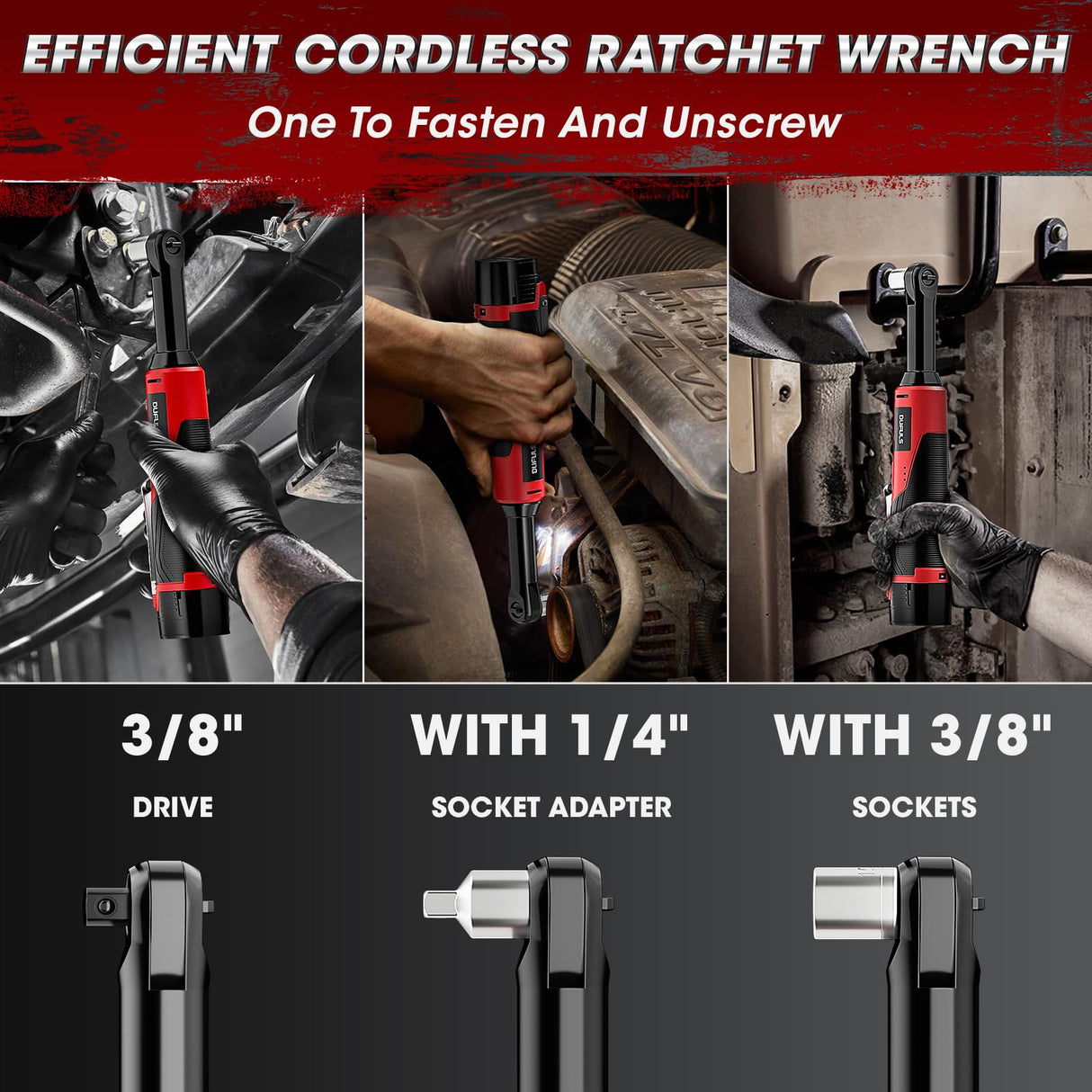 Dufuls 3/8" 18V Extended Cordless Ratchet Wrench, 550RPM 40 Ft-Lbs 4 Inch Electric Ratchet Driver with 2Pcs 2000 mAh Batteries & Charger, Battery Powered Ratchet Wrenches with 8 Sockets Dufuls