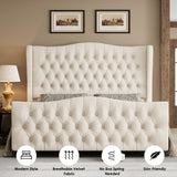 Keyluv King Size 54.3” Tall Platform Bed Frame with Deep Button Tufted Wingback Headboard and Footboard, Velvet Upholstered Bed Frame with Handmade Pleats, No Box Spring Needed, Beige/Cream Keyluv