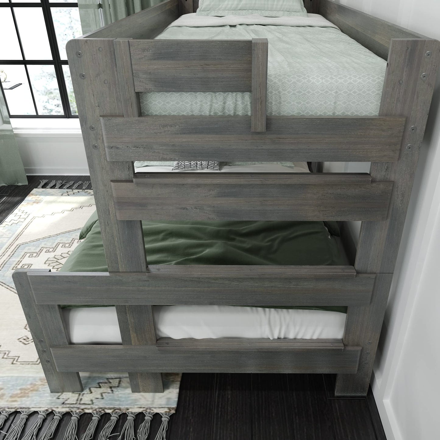 Max & Lily Twin-Over-Full Solid Wood Bunk Bed in Driftwood Finish - WoodArtSupply