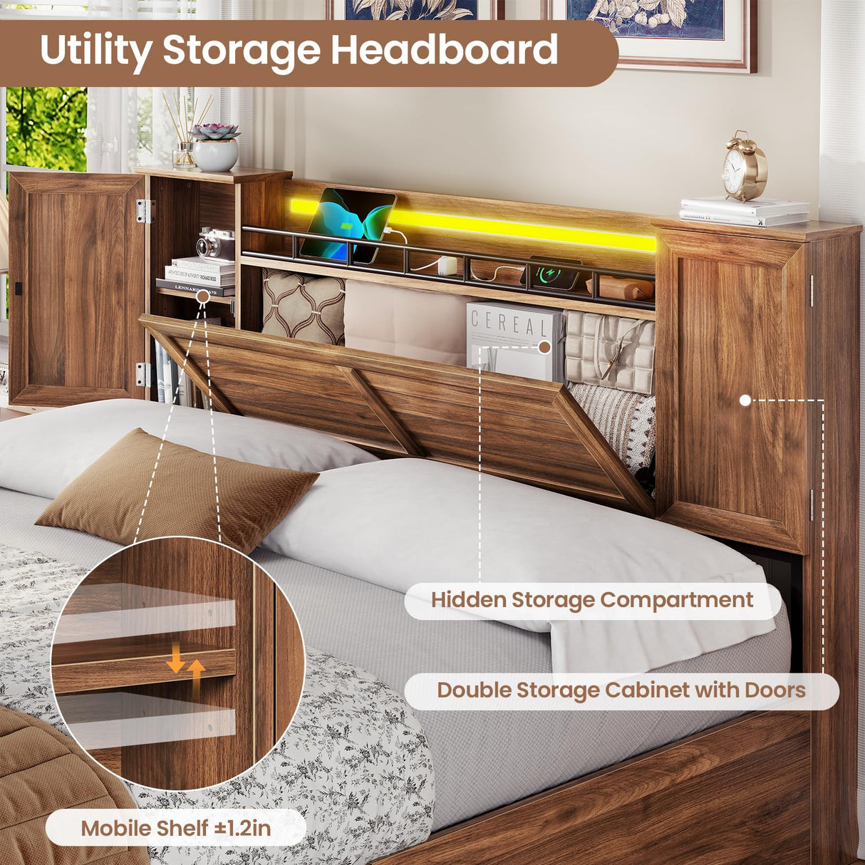 VIAGDO Farmhouse Queen Bed Frame with Headboard and Double Barn Door Storage Cabinets, Rustic Wooden Bed Frame Queen Size with Charging Station, 4 Drawers and LED Lights, No Box Spring Needed, Brown VIAGDO