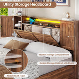 VIAGDO Farmhouse Queen Bed Frame with Headboard and Double Barn Door Storage Cabinets, Rustic Wooden Bed Frame Queen Size with Charging Station, 4 Drawers and LED Lights, No Box Spring Needed, Brown VIAGDO