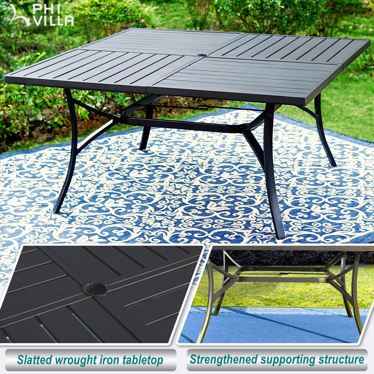 PHI VILLA 9 Pieces Square Outdoor Dining Table Set for 8, 60” Large Metal Steel Dining Table & Rattan Wicker Chairs with Cushions, Dining Furniture Set for Patio, Deck, Yard, Porch PHI VILLA