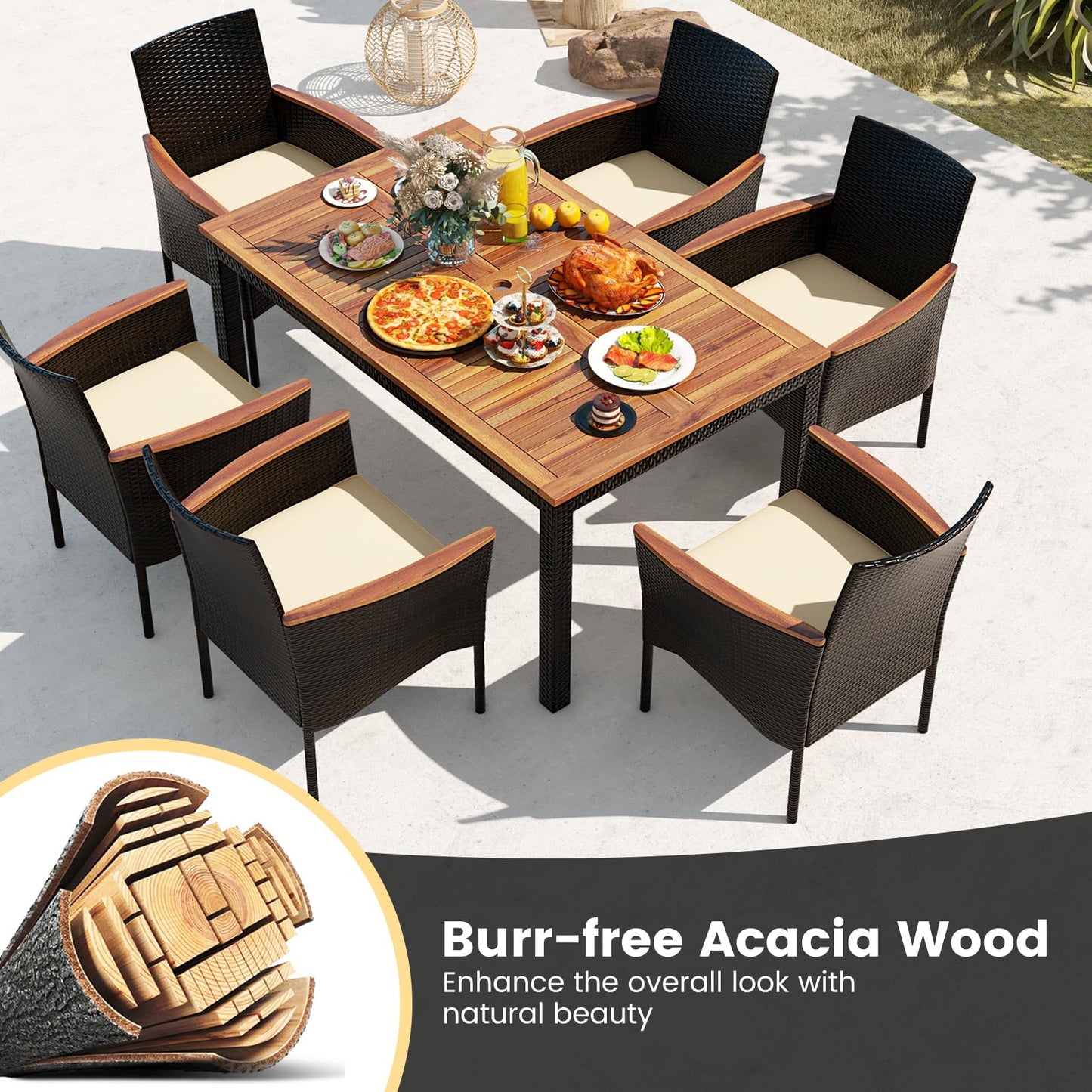 S AFSTAR 7 Piece Patio Dining Set, PE Rattan Outdoor Dining Furniture Set for 6 with Stackable Chairs & Acacia Wood Table, 1.96'' Umbrella Hole, Outdoor Table and Chairs for Backyard, Deck, Garden