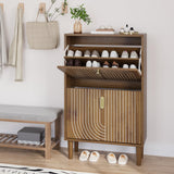 Smuxee Shoe Cabinet with 2 Flip Drawers, 23.6" Walnut Hidden Shoe Storage Cabinet with Line Groove Design, Freestanding Shoe Organizer Cabinet for Entryway, Hallway, Living Room Smuxee