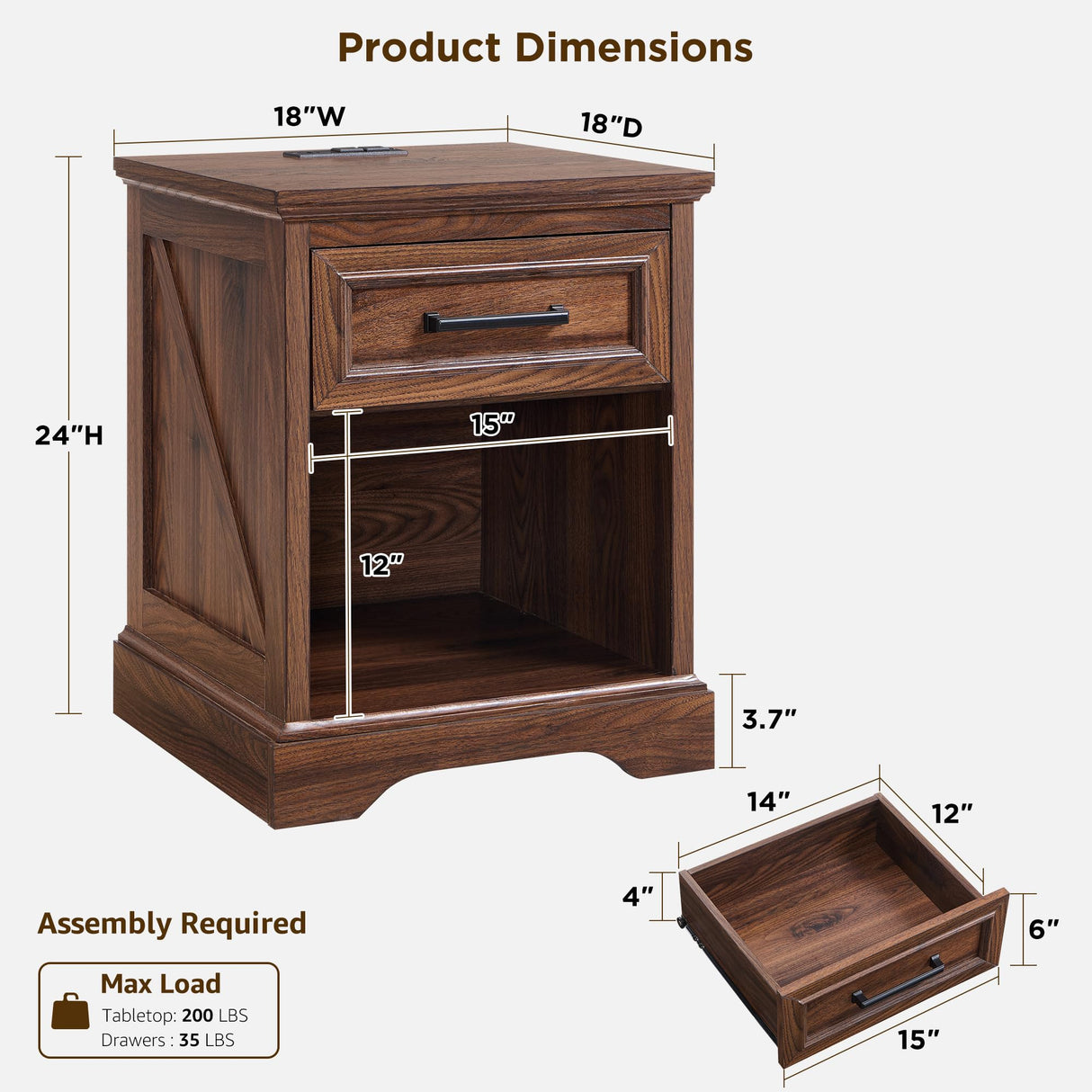 ACCOHOHO 18" Farmhouse Nightstand with Charging Station, Bedside Table with Drawer and Large Open Shelf, Rustic End Table for Bedroom - Brown ACCOHOHO