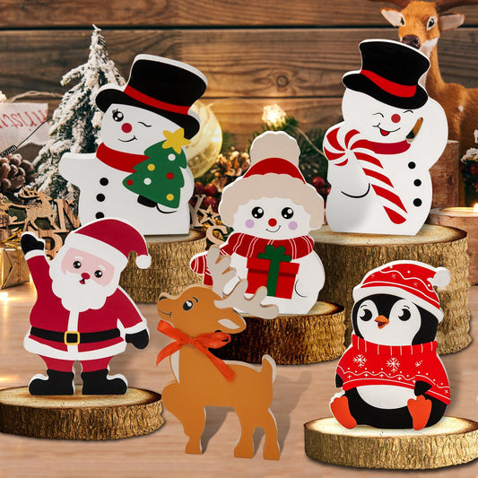 Fashlits 6 Pcs Christmas Snowman Wooden Decorations Indoor, Cute Winter Wood Table Sign with Snowman Penguin Elk Santa Claus for Xmas Party Home Office Shelf Decor