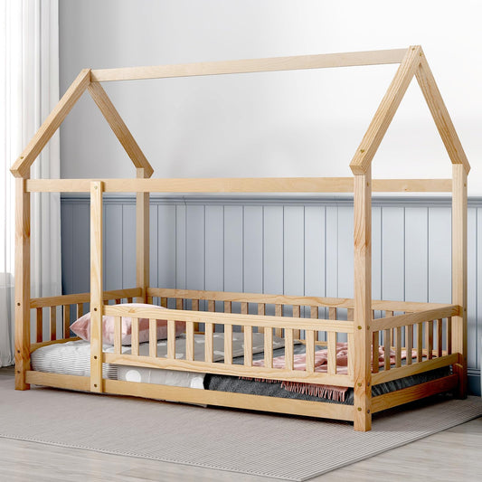 Montessori-Inspired Tatub Twin House Floor Bed with Safety Rails for Kids - WoodArtSupply