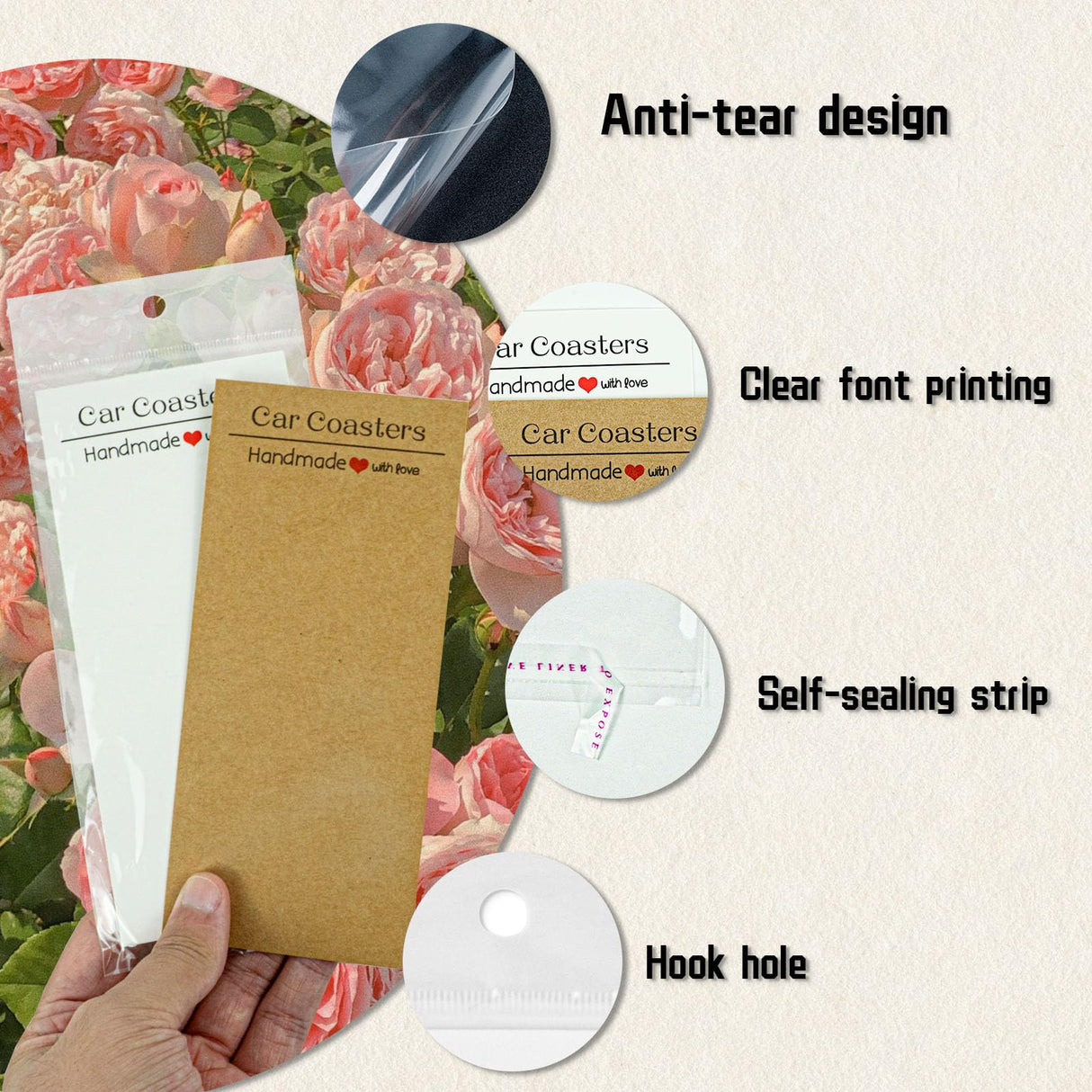 GTILE 100 Pcs Car Coaster Packaging Kit for Selling, Include 50 Sublimation Car Coasters Brown Paper and 50 White Paper Card with 100 Self-Seal Bags GTILE