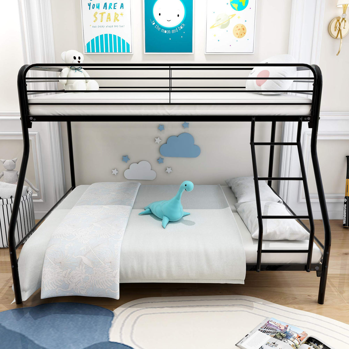 JURMERRY Twin-Over-Full Bunk Bed with Metal Frame and Ladder,Black JURMERRY