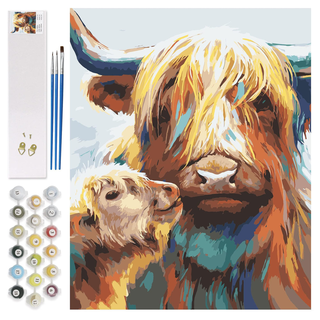 Petrala Paint by Numbers for Adults Canvas Highland Cow DIY Acrylic Adult Paint by Number Kits Colorful Mom Baby Cow Paintworks Animals Artwork Without Frame, 16x20 Inch Petrala