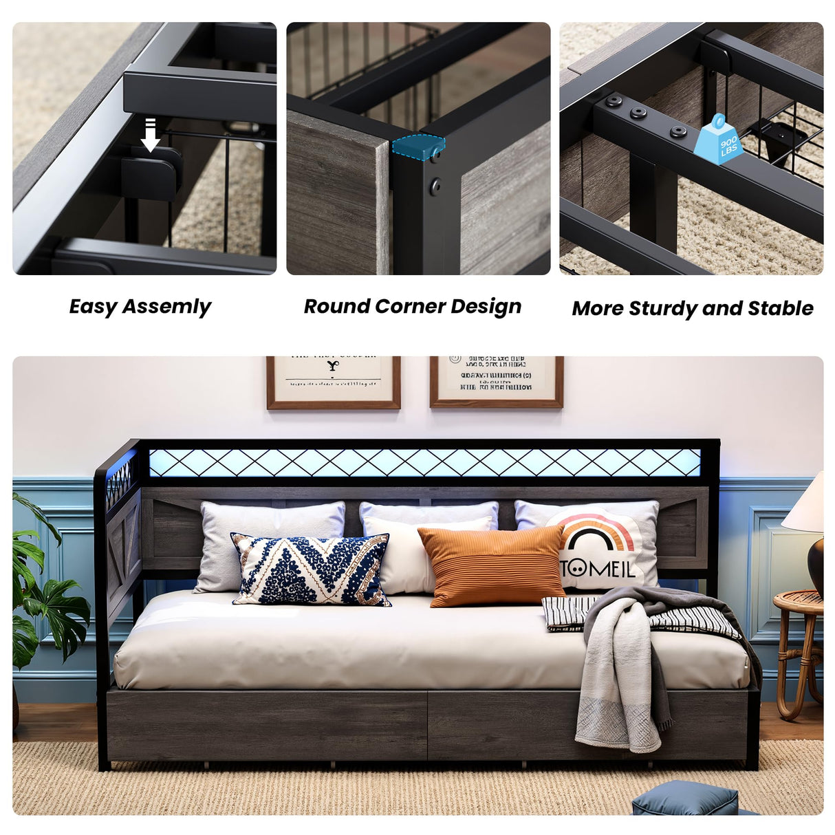 ANCTOR Twin Daybed with Storage Drawers, Corner Bed Frame with LED Lights and Charging Station for Living Room, Bedroom and Guest Room, Charcoal Grey ANCTOR